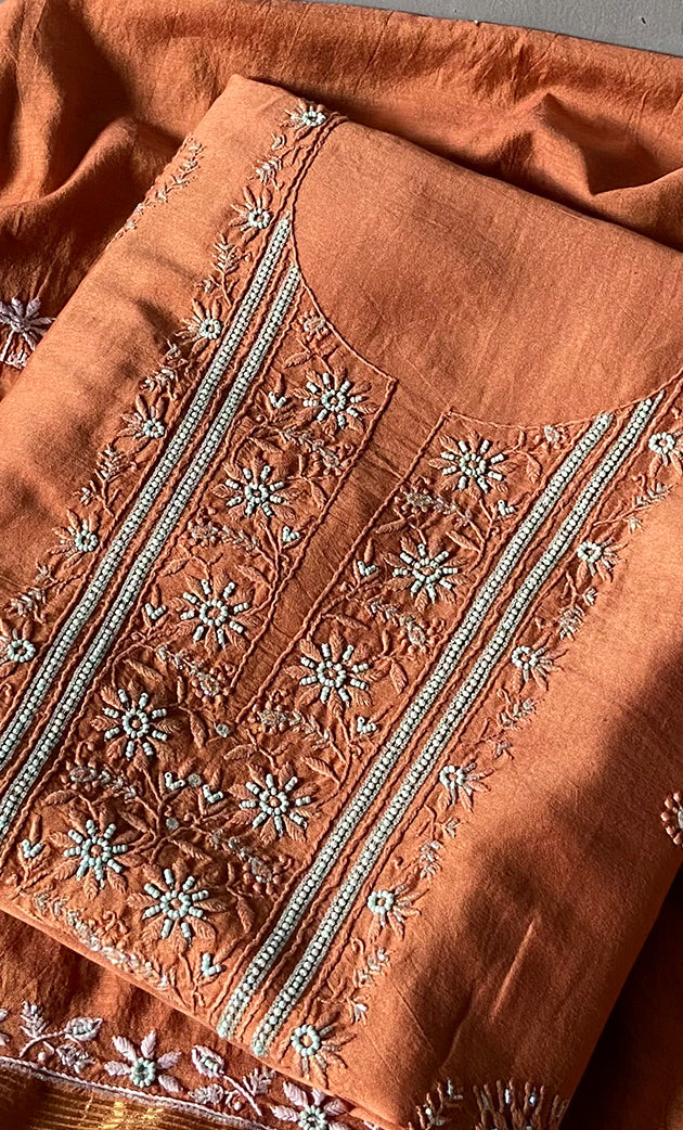 Women's Lucknowi Handcrafted Chanderi Silk Unstitched Chikankari Full Suit Material - HONC018789