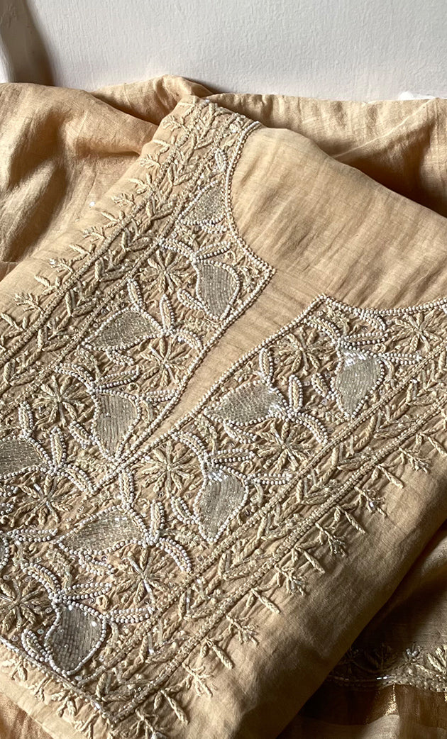 Women's Lakhnavi Handcrafted Mul Chanderi Unstitched Chikankari Full Suit Material - HONC0323585