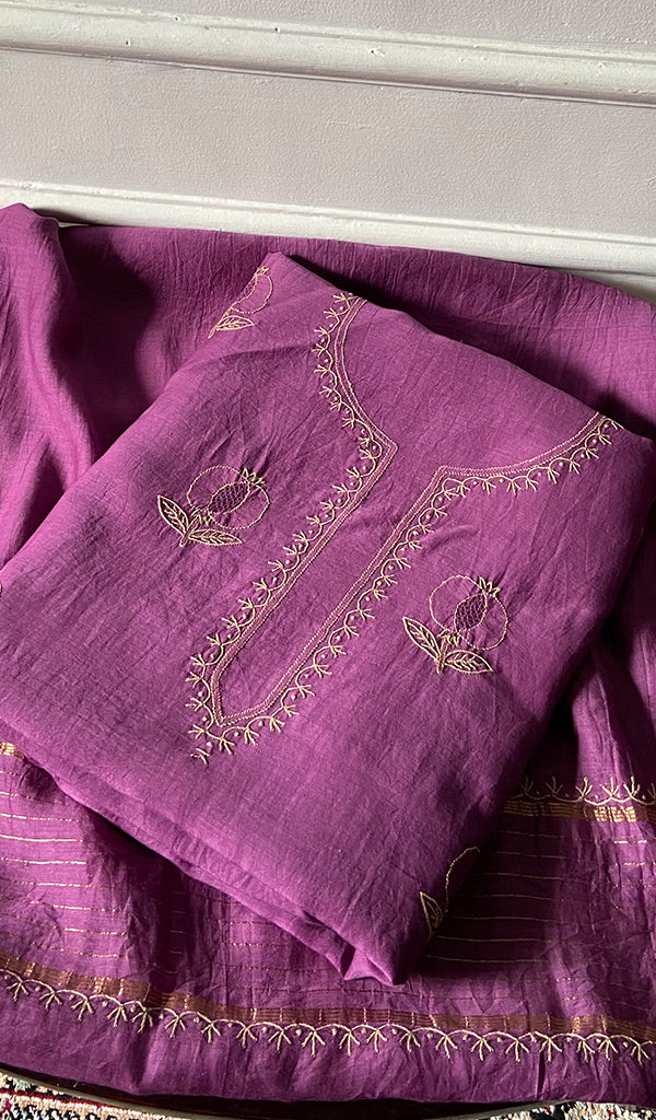 Women's Lakhnavi Handcrafted Chanderi Silk Unstitched Chikankari Full Suit - HONC0345261