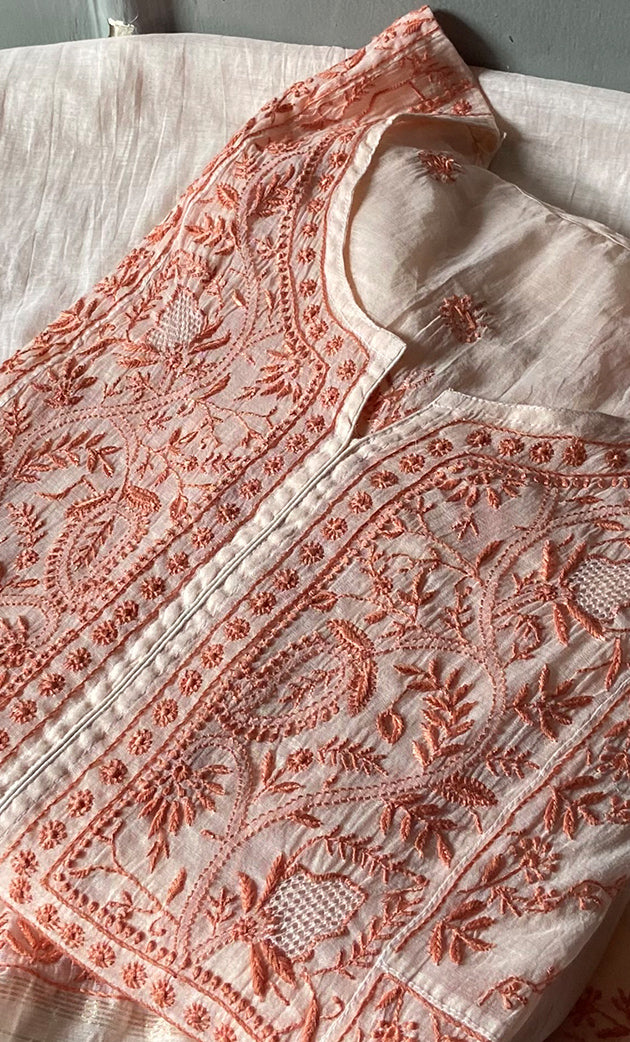 Women's Lakhnavi Handcrafted Mul Chanderi Semi - Stitched Kurta And Dupatta Set - HONC0273083