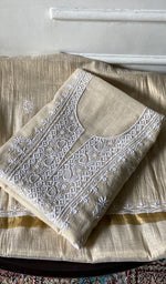 Load image into Gallery viewer, Women's Lakhnavi Handcrafted Tissue Chanderi Unstitched Chikankari Kurta And Dupatta Set - HONC0360002