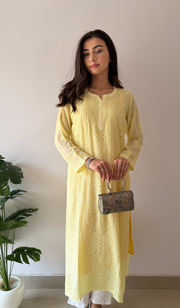 Yusra Women's Lakhnavi Handcrafted Viscose Georgette Chikankari Kurti- HONC0350437