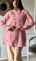 Load image into Gallery viewer, Emma Women's Lucknowi Handcrafted Mul Chanderi Stitched Chikankari Kurta And Pant Set- HONC0338384