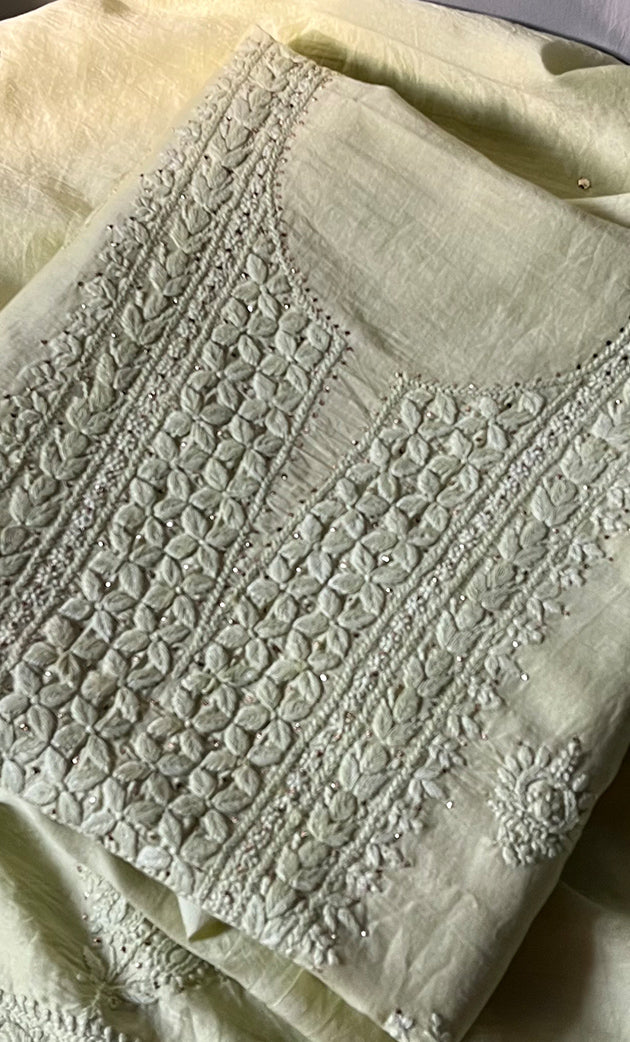 Baseema Women's Lucknowi Handcrafted Chanderi Silk Chikankari Full Suit Material - HONC0290032