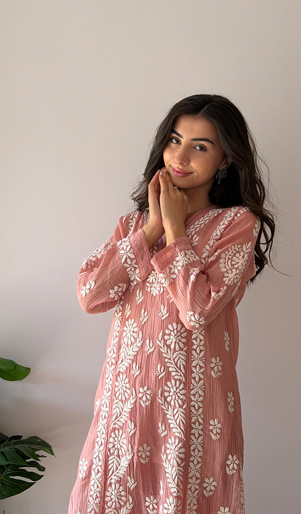 Women's Lucknowi Handcrafted Mul Chanderi Stitched Chikankari Kurta And Plazzo Set- HONC0378817