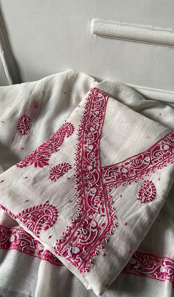 Women's Lakhnavi Handcrafted Mul Chanderi Unstitched Kurta And Dupatta Set - HONC0371881