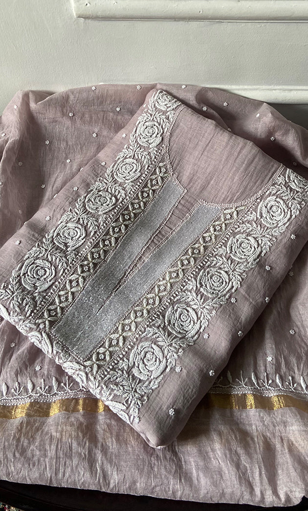 Jazba Women's Lakhnavi Handcrafted Unstitchd Mul Chanderi Kurta And Dupatta Set - HONC0338198