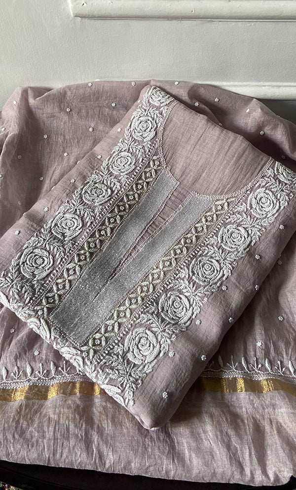 Jazba Women's Lakhnavi Handcrafted Unstitchd Mul Chanderi Kurta And Dupatta Set - HONC0338198