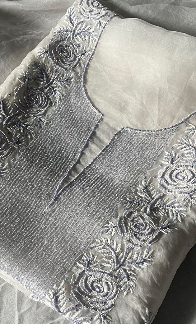 Women's Lakhnavi Handcrafted Pure Organza Chikankari Unstitched Kurta And Dupatta Set- HONC0305196