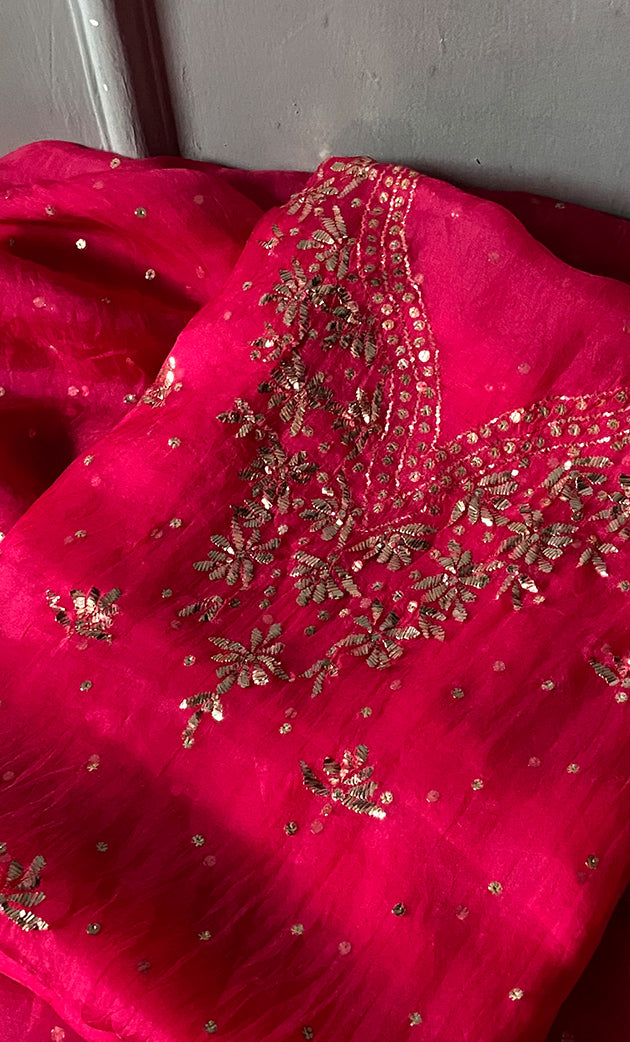 Women's Lakhnavi Handcrafted Pure Organza Chikankari Unstitched Kurta And Dupatta Set- HONC0290692