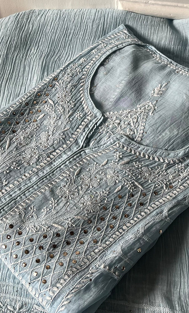 Women's Lakhnavi Handcrafted Mul Chanderi Semi - stitched Chikankari Full Suit Material - HONC0333495