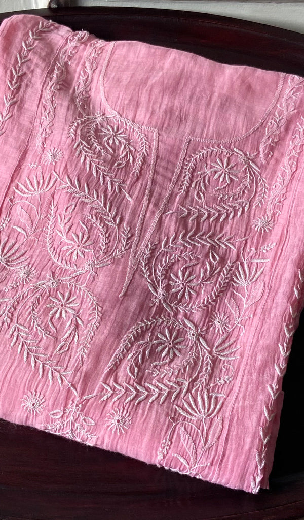 Women's Lakhnavi Handcrafted Mul Chanderi Chikankari Unstitched Kurti Fabric - HONC0311869