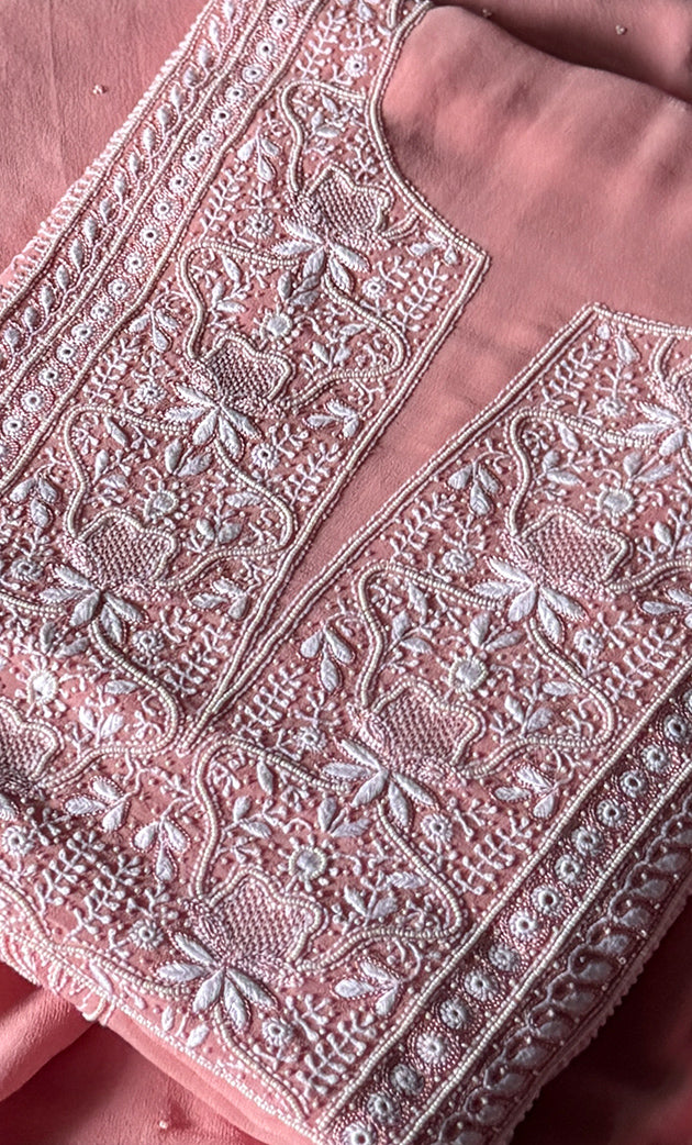 Women's Lakhnavi Handcrafted Pure Silk Georgette Chikankari Kurta And Dupatta Set - HONC0291001