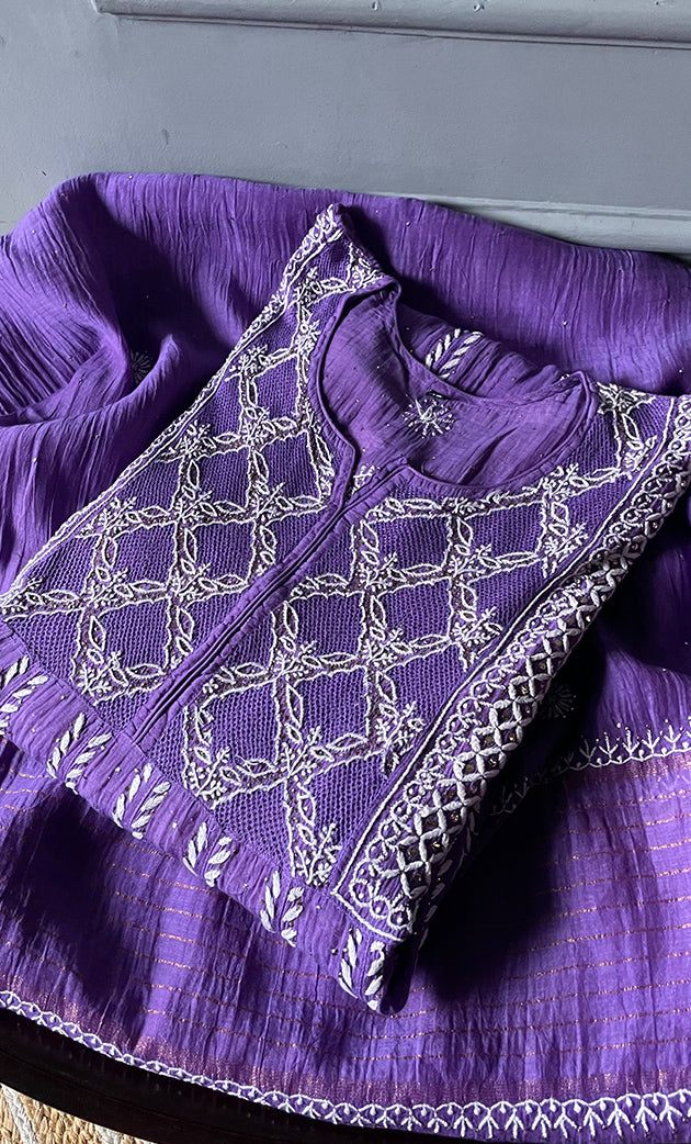 Women's Lakhnavi Handcrafted Mul Chanderi Chikankari Kurta, Dupatta ,Matching Slip And Pant Set - HONC0249449