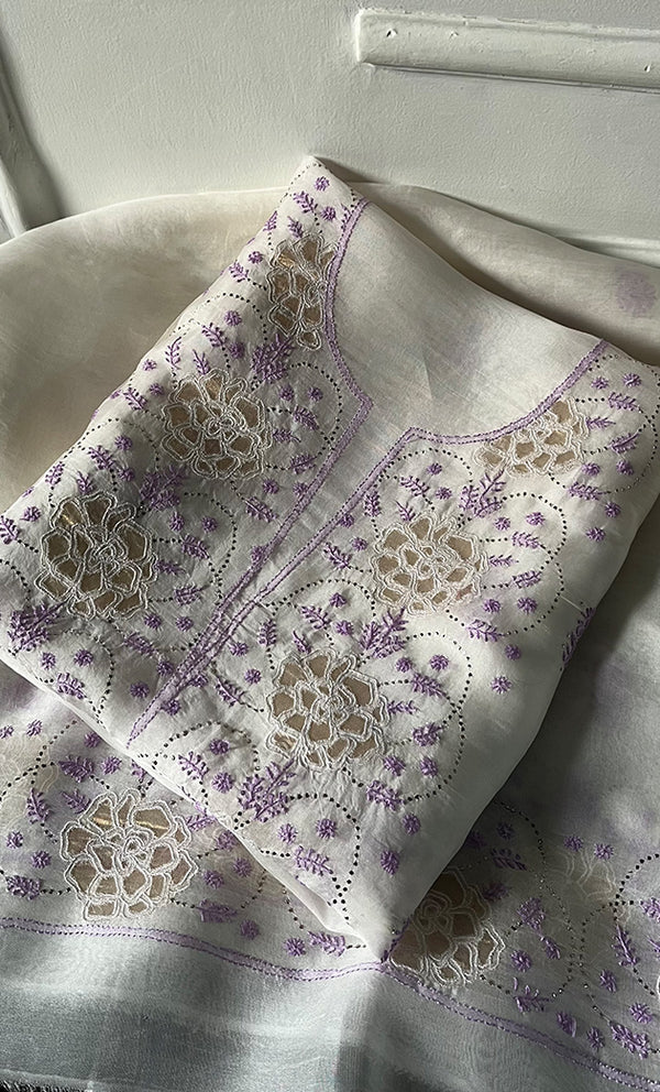 Mainaaj  Women's Lakhnavi Handcrafted Pure Organza Chikankari Unstitched Kurta And Dupatta Set- HONC0336955