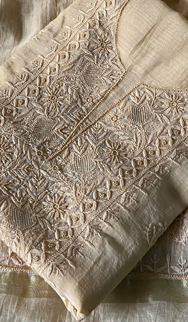 Women's Lakhnavi Handcrafted Mul Chanderi Unstitched Chikankari Full Suit Material - HONC0345039