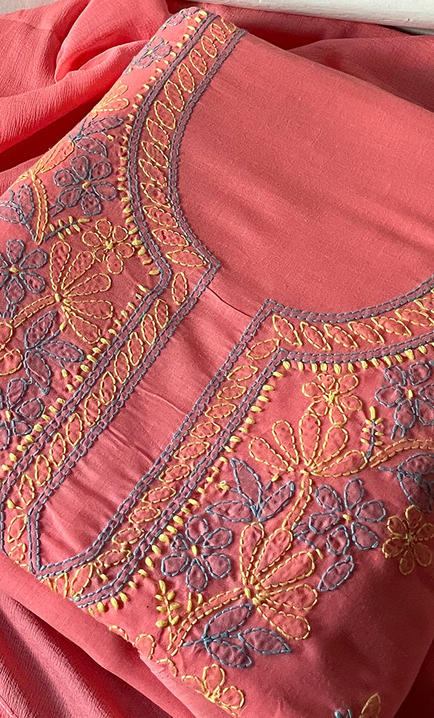 Women's Lakhnavi Handcrafted Unstitched Cotton Chikankari Suit Material - HONC03217898