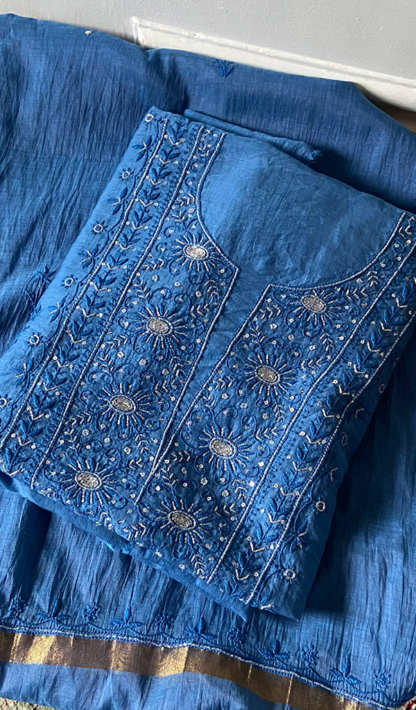 Women's Lakhnavi Handcrafted Chanderi Silk Unstitched Chikankari Full Suit - HONC0367198
