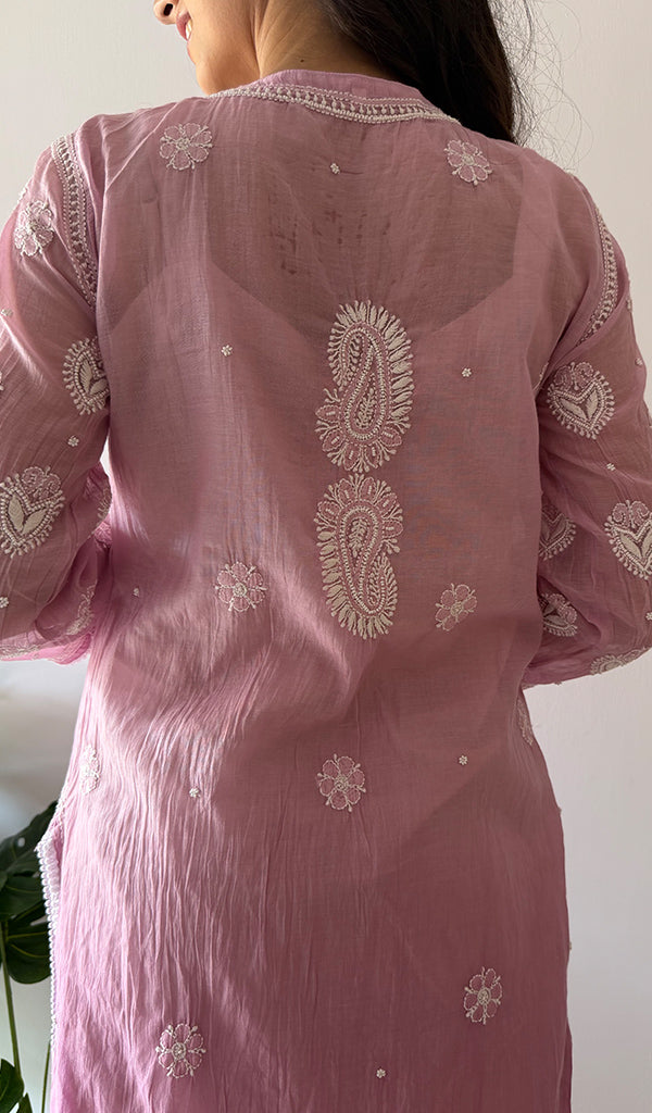 Women's Lucknowi Handcrafted Mul Chanderi Stitched Chikankari Kurta And Plazzo Set- HONC0379055