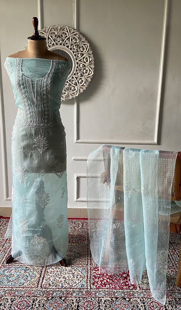 Women's Lakhnavi Handcrafted Pure Organza Chikankari Unstitched Full Suit Material - HONC0351123