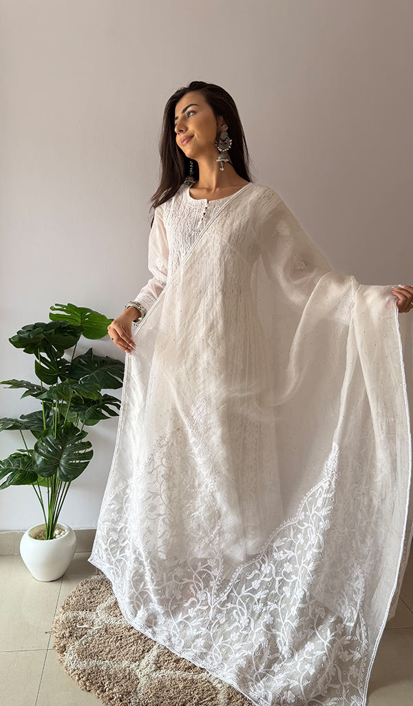 Women's Lucknowi Handcrafted Pure Organza Silk Chikankari Dupatta - HONC0380140