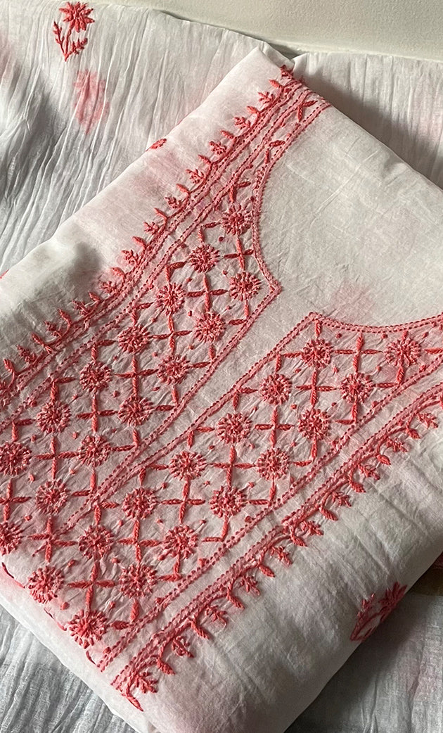 Women's Lakhnavi Handcrafted Mul Chanderi Unstitched Chikankari Kurta And Dupatta Set - HONC0321900