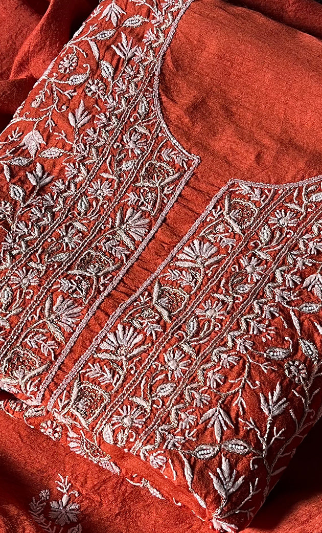 Women's Lakhnavi Handcrafted Munga Silk Chikankari Kurta And Dupatta Set- HONC0282380