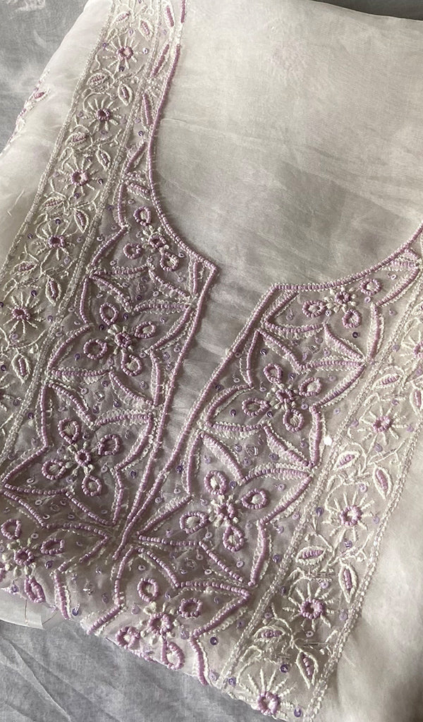 Women's Lakhnavi Handcrafted Pure Organza Chikankari Unstitched Kurta And Dupatta Set- HONC0307961