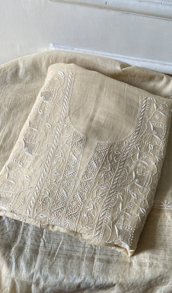 Women's Lakhnavi Handcrafted Mul Chanderi Unstitched Chikankari Full Suit - HONC0370550