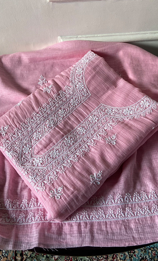 Women's Lucknowi Handcrafted Kota Cotton Chikankari Unstitched Kurta And Dupatta Set - HONC0340090