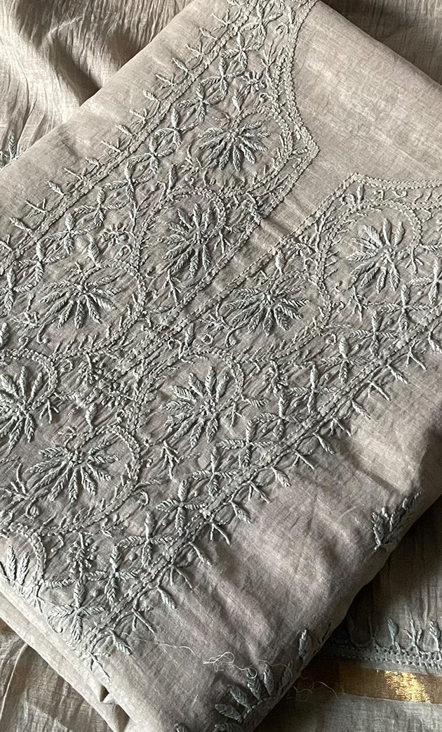 Women's Lakhnavi Handcrafted Mul Chanderi Unstitched Chikankari Full Suit Material - HONC0319537