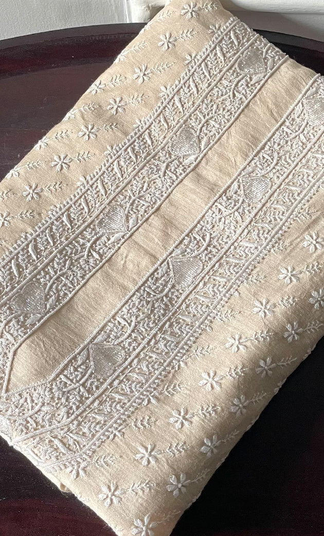 Lucknowi Handcrafted Munga Silk Chikankari Unstitched Unisex Kurta Fabric - HONC0320842