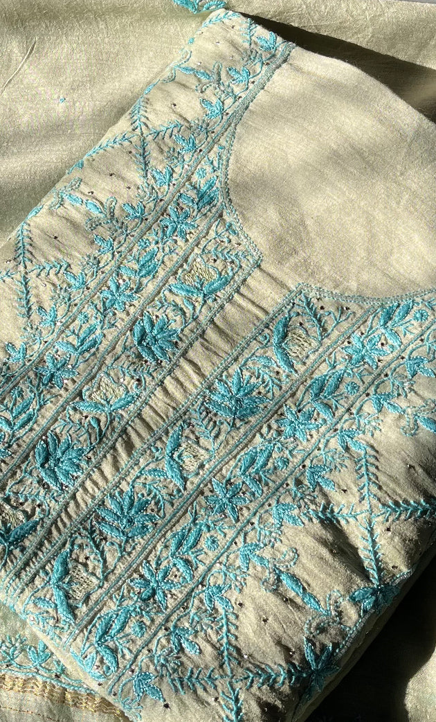 Women's Lakhnavi Handcrafted Munga Silk Unstitched Chikankari Kurta And Dupatta Set- HONC0282781