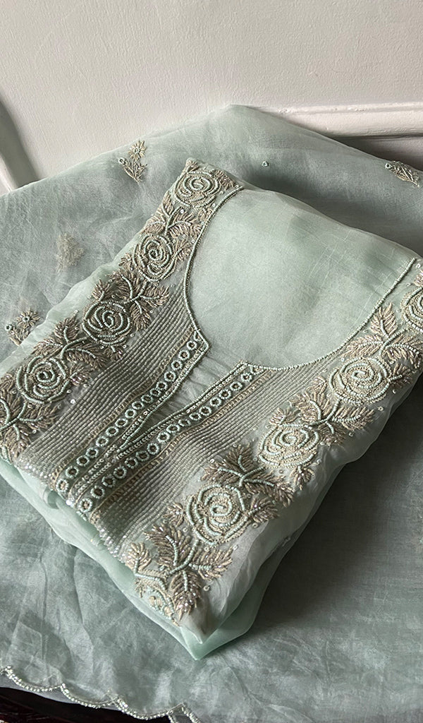 Women's Lakhnavi Handcrafted Pure Organza Chikankari Unstitched Kurta And Dupatta Set- HONC0329220