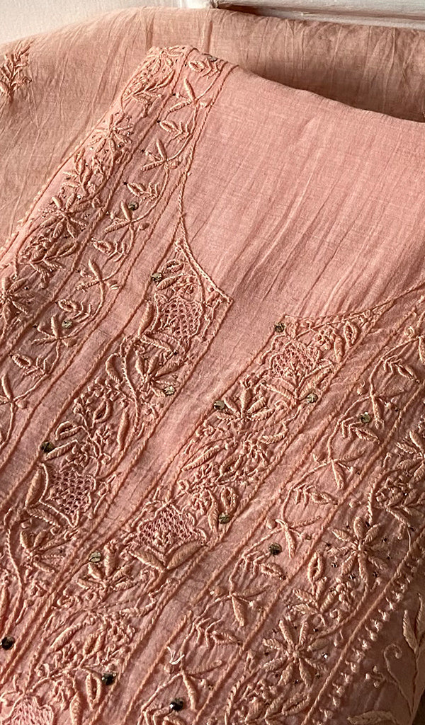 Women's Lakhnavi Handcrafted Mul Chanderi Unstitched Chikankari Full Suit Material - HONC0278932