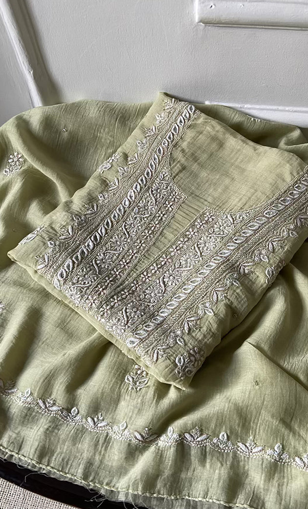 Women's Lakhnavi Handcrafted Mul Chanderi UnStitched Kurta And Dupatta Set - HONC0318527