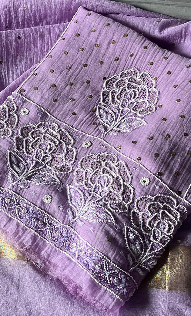 Women's Lakhnavi Handcrafted Mul Chanderi Unstitched Kurta And Dupatta Set- HONC0308277