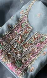 将图像加载到图库查看器中， Women&#39;s Lakhnavi Handcrafted Pure Organza  Silk Chikankari Unstitched Full Suit Material - HONC0267223
