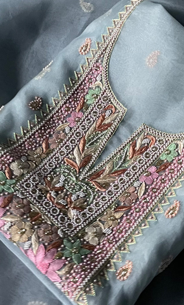 Women's Lakhnavi Handcrafted Pure Organza  Silk Chikankari Unstitched Full Suit Material - HONC0267223