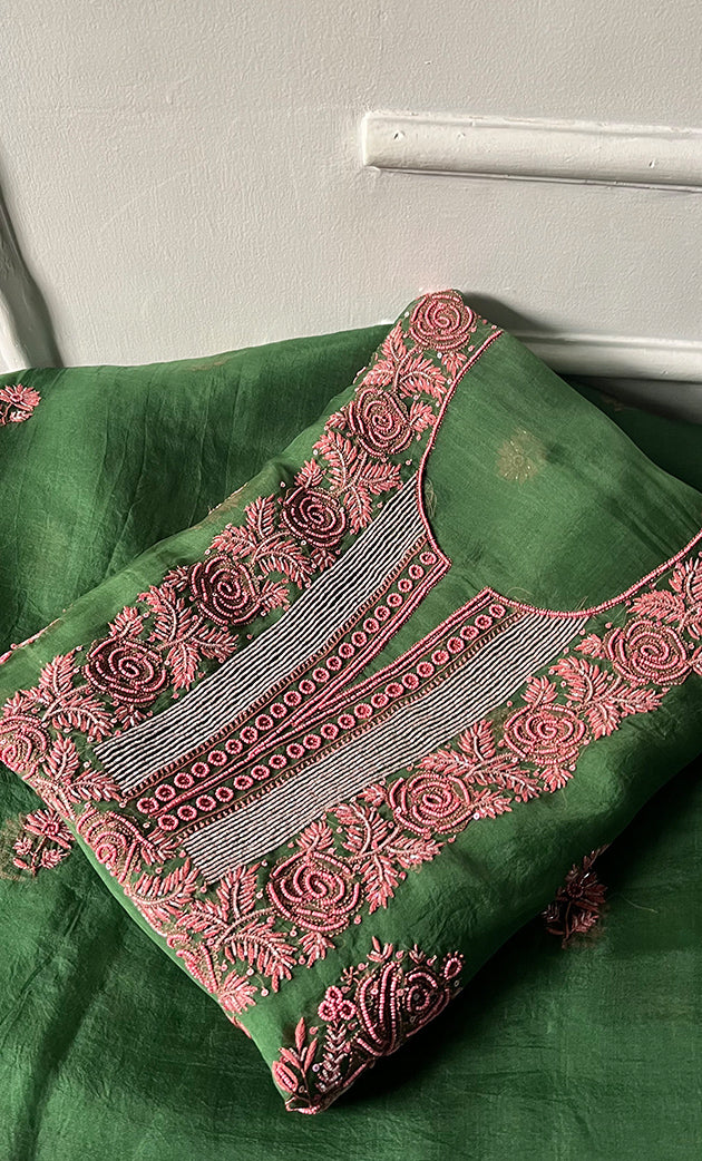 Women's Lakhnavi Handcrafted Pure Organza Chikankari Unstitched Kurta And Dupatta Set- HONC0311849