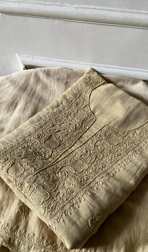 Women's Lakhnavi Handcrafted Muslin Unstitched Chikankari Full Suit - HONC0344388