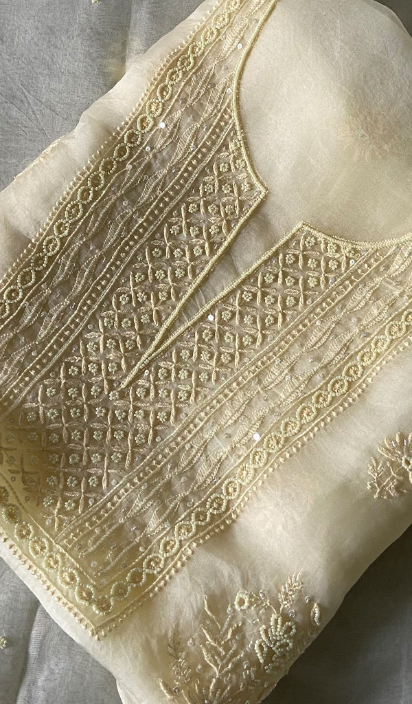 Women's Lakhnavi Handcrafted Pure Organza Chikankari Unstitched Kurta And Dupatta Set- HONC0333533