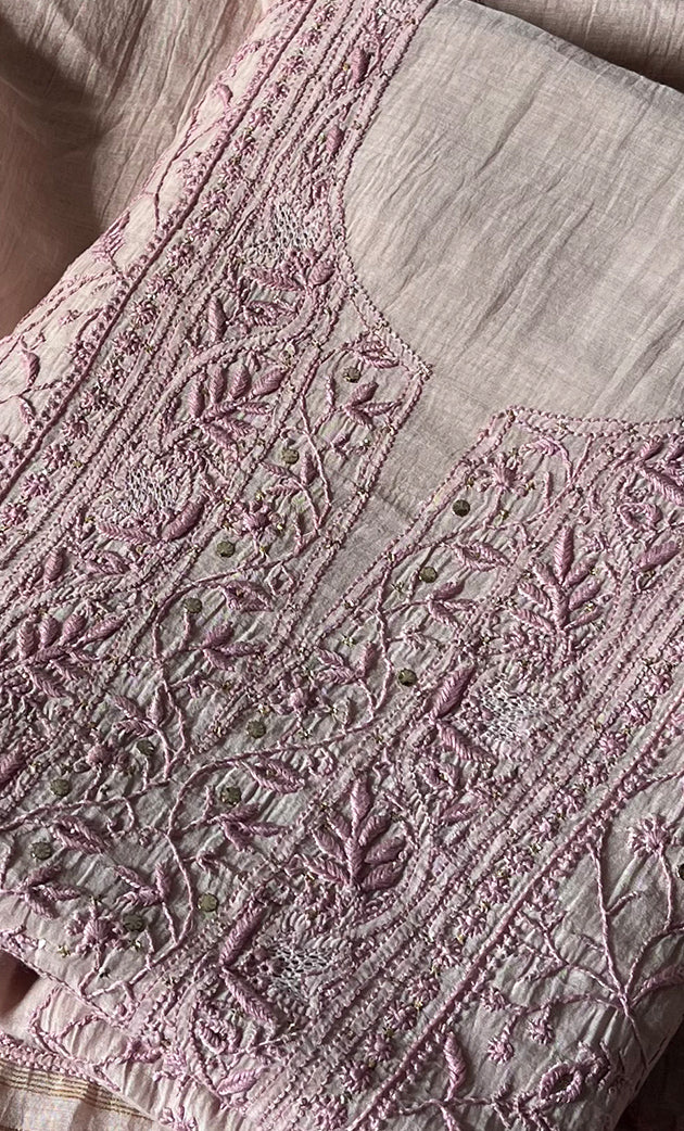 Women's Lakhnavi Handcrafted Mul Chanderi Unstitched Kurta And Dupatta Set - HONC0280870