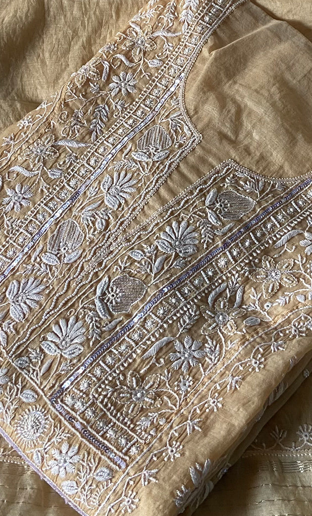 Women's Lakhnavi Handcrafted Mul Chanderi Semi - Stitched Kurta And Dupatta Set - HONC0295396