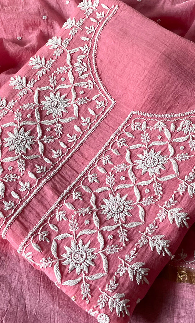 Jazba Women's Lakhnavi Handcrafted Mul Chanderi Unstitched Kurta And Dupatta Set- HONC0319683