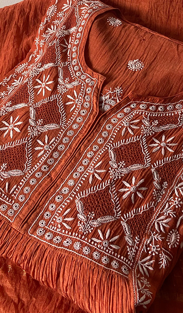 Women's Lakhnavi Handcrafted Mul Chanderi Semi - Stitched Chikankari Full Suit Material - HONC0326280