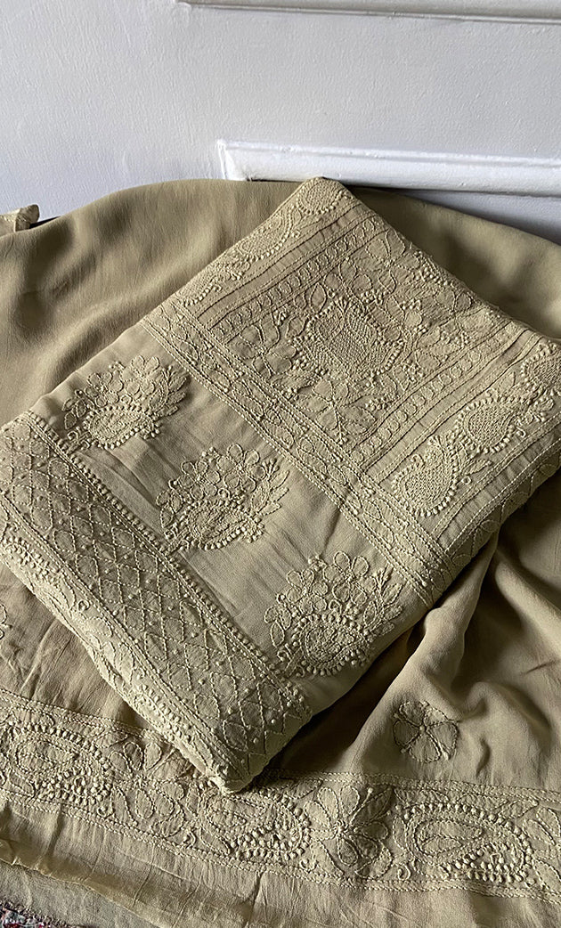Women's Lakhnavi Handcrafted Viscose Georgette Unstitched Chikankari Full Suit Material - HONC0319629