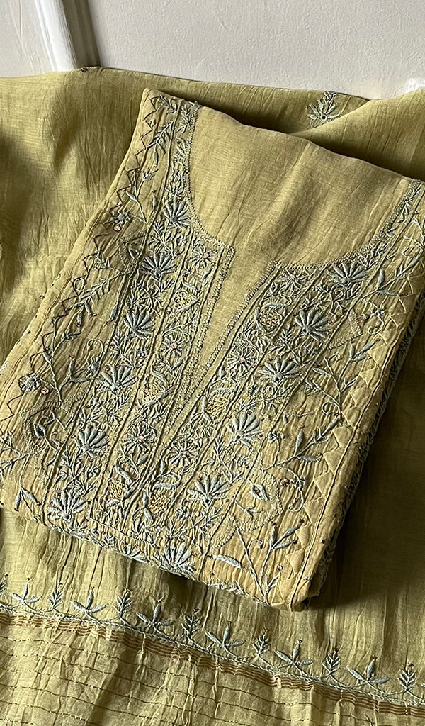 Women's Lakhnavi Handcrafted Mul Chanderi Semi - Stitched Kurta And Dupatta Set - HONC0269047