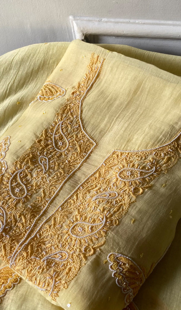 Women's Lakhnavi Handcrafted Mul Chanderi Unstitched Chikankari Full Suit Material - HONC0339581