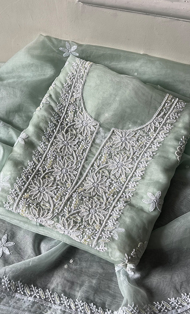 Women's Lakhnavi Handcrafted Organza Chikankari Unstitched Full Suit Material - HONC0270896